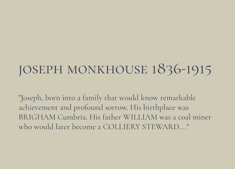 Joseph Monkhouse 1836-1915 biographical text on beige background