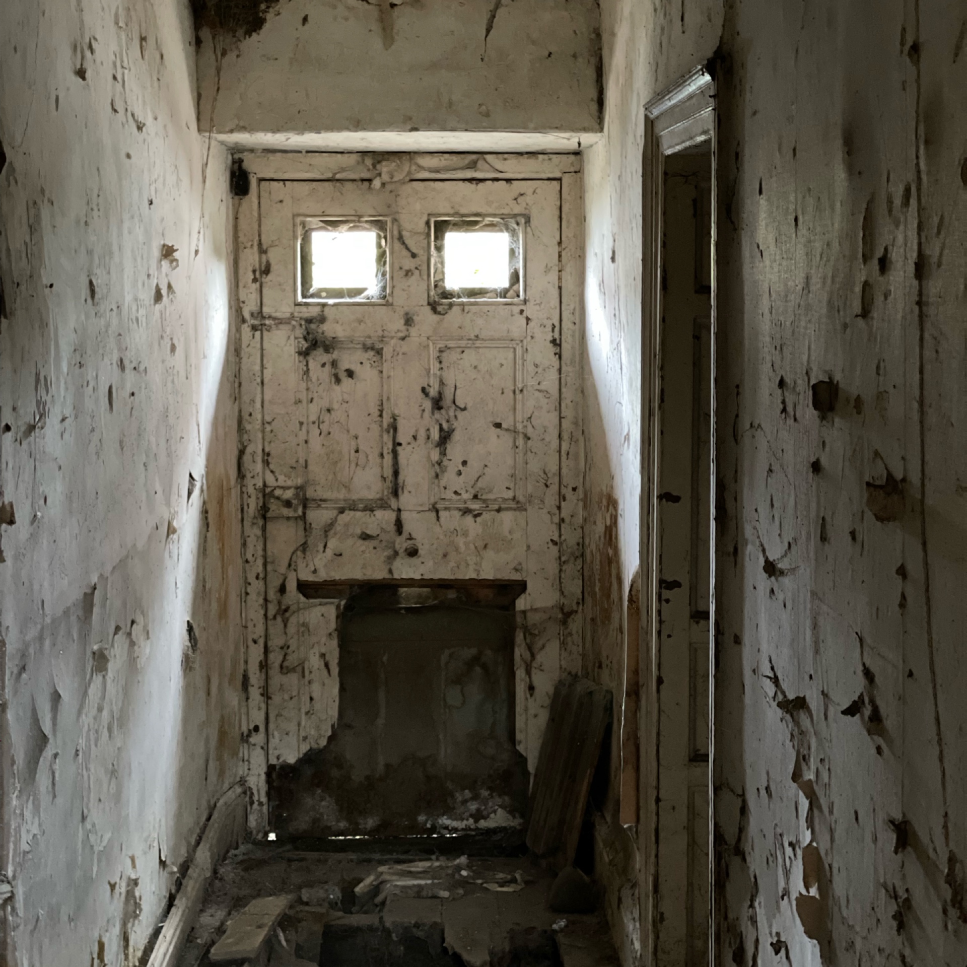 White paneled door with small windows in deteriorated hallway.