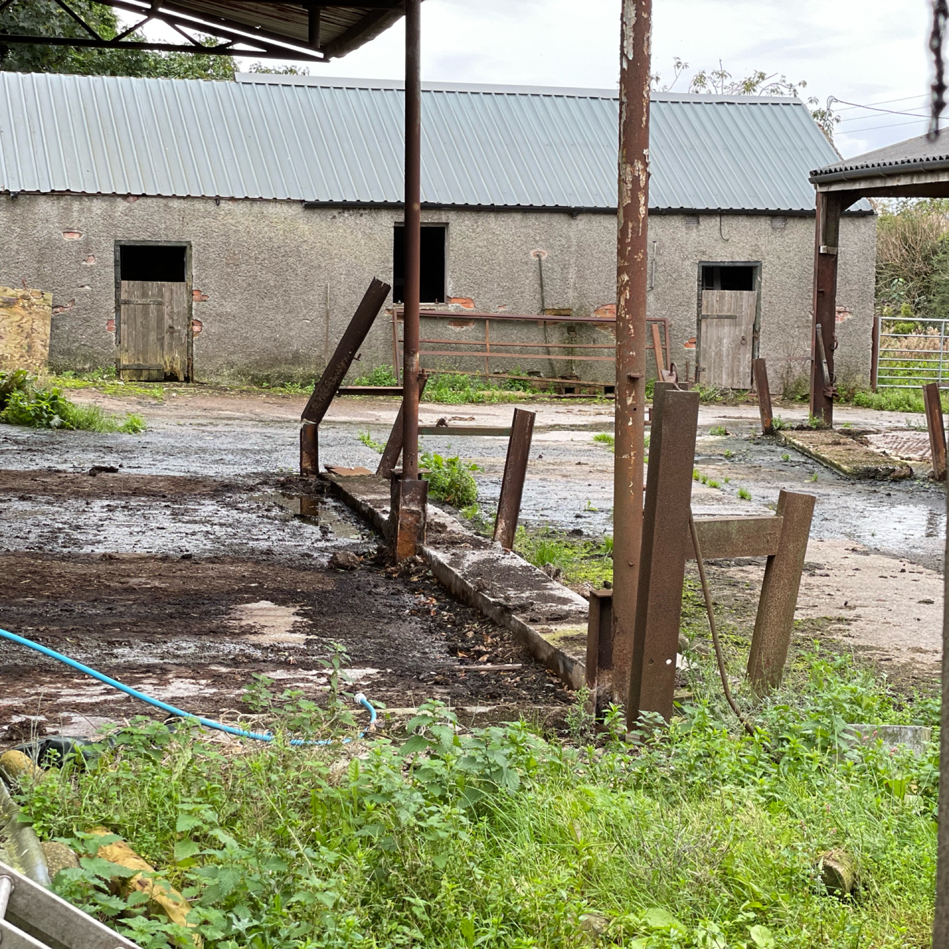 Rural outbuilding with corrugated metal roof and metal gates.