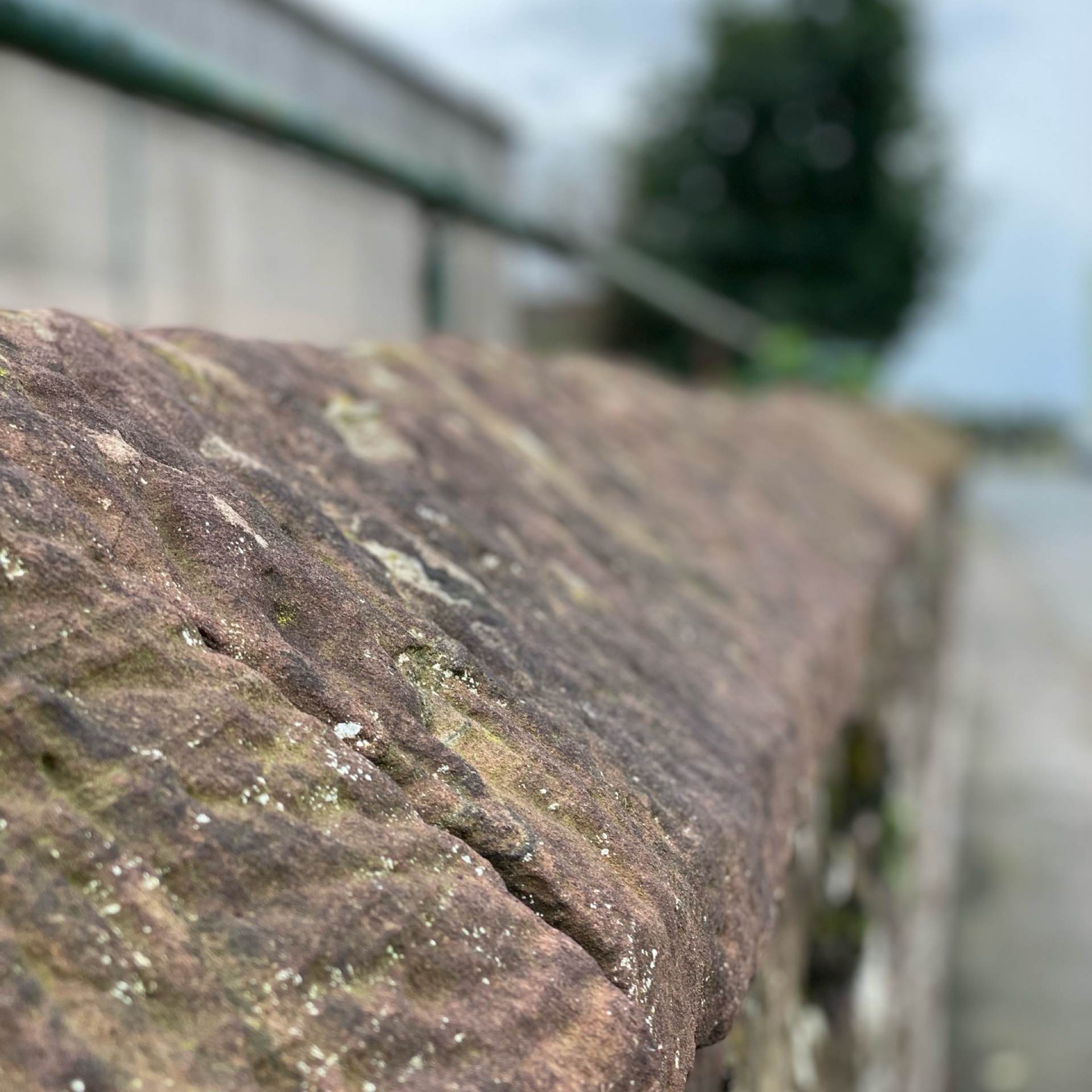 Close-up of a textured, weathered stone surface with subtle, wavy patterns. Specks of lichen are scattered across the red-brown surface.