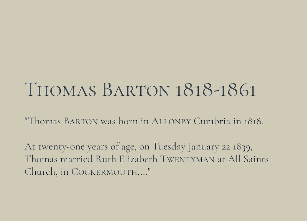 Thomas Barton 1818-1861 biographical text on beige background